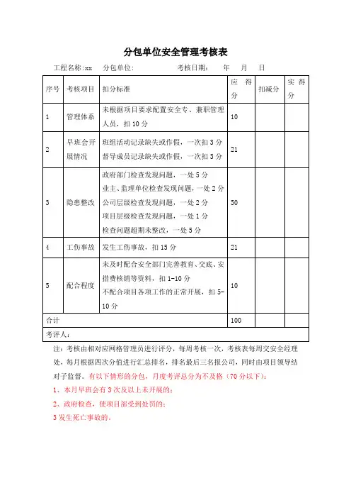 分包单位安全管理考核表