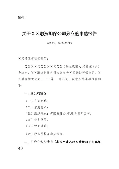 融资担保机构分立审批申请材料