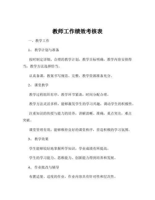 教师工作绩效考核表