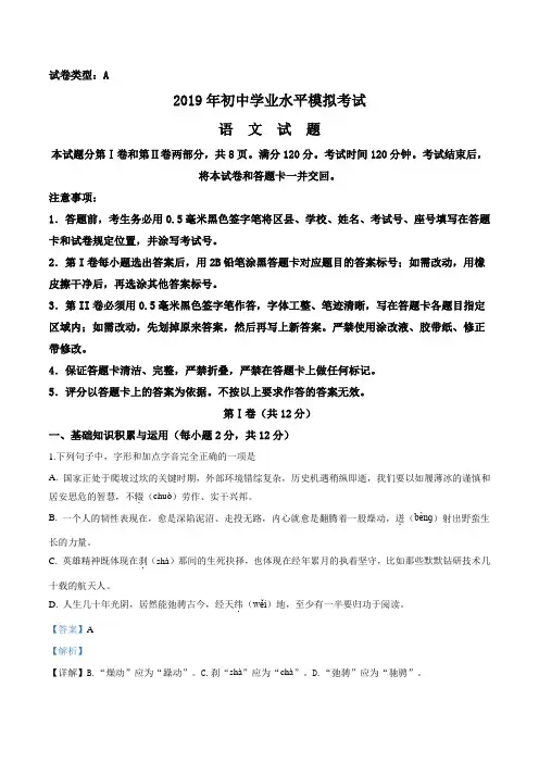 精品解析：【区级联考】山东省淄博博山区2019届九年级学业考试第一次模拟语文试题(解析版)