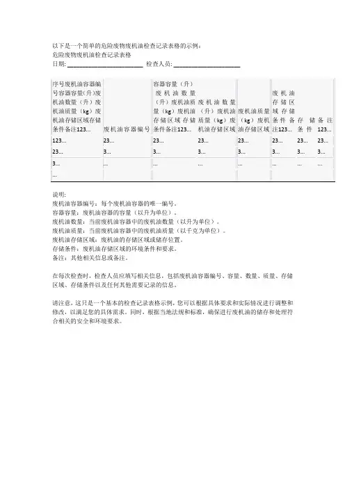 危险废物废机油检查记录表格