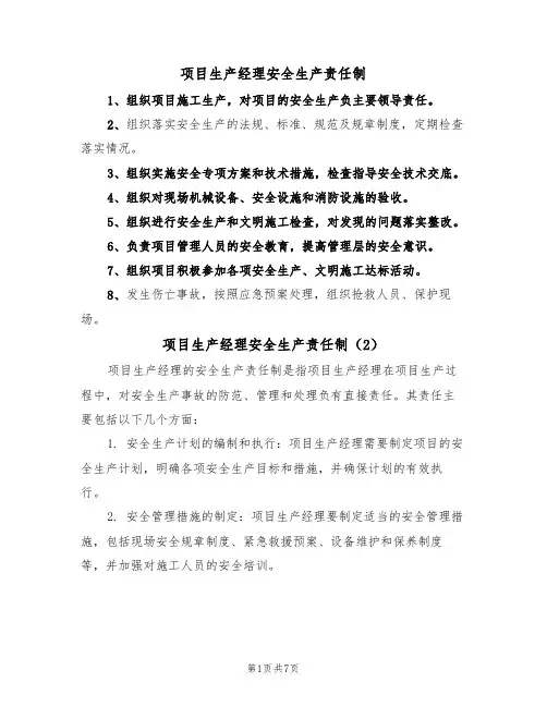 项目生产经理安全生产责任制（5篇）