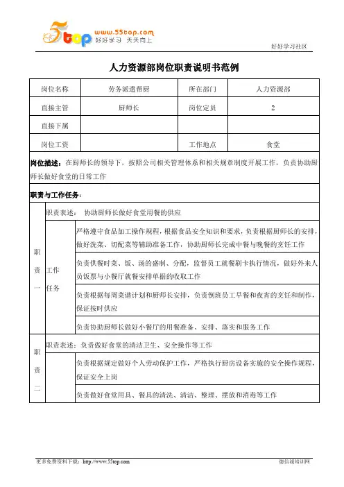 劳务派遣帮厨岗位职责说明书