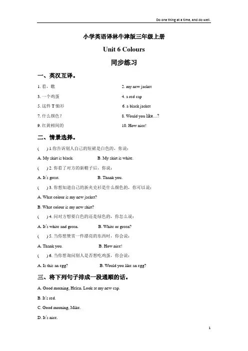小学英语译林牛津版三年级上册Unit 6 Colours 同步练习2