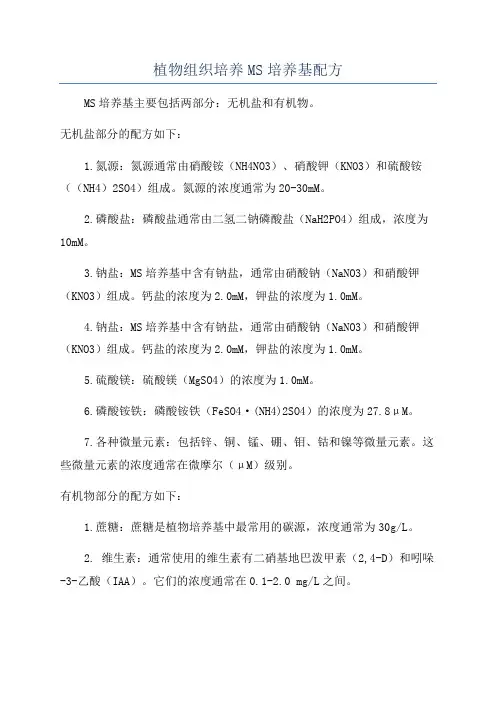 植物组织培养MS培养基配方