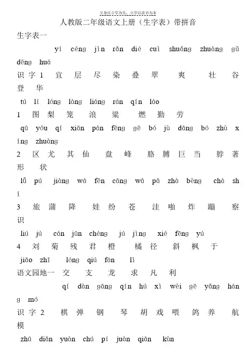 人教版二年级语文上册(生字表)带拼音