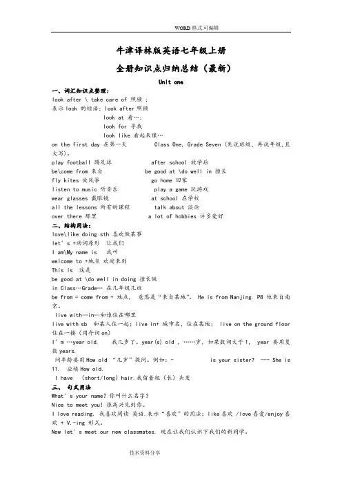 牛津译林版英语七年级(上册)分单元知识点归纳总结[Unit1_8]]