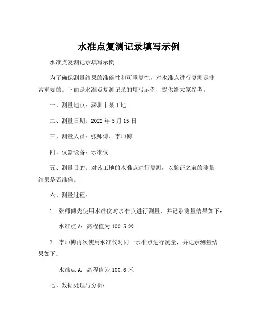水准点复测记录填写示例
