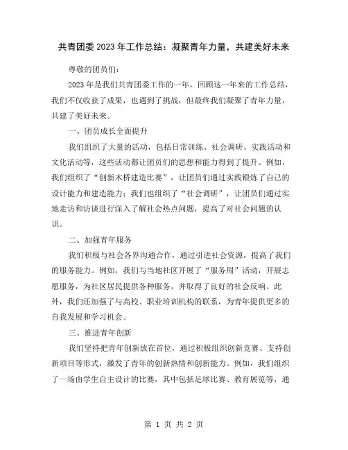 共青团委2023年工作总结：凝聚青年力量,共建美好未来