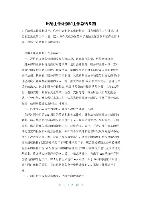 出纳工作计划和工作总结5篇