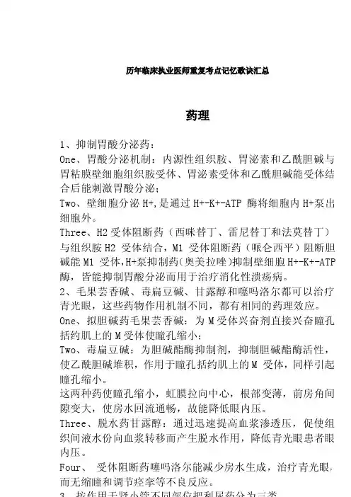 历年临床执业医师药理学知识点和歌诀