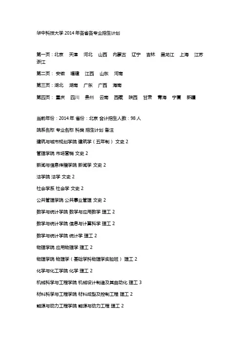 华中科技大学2014年招生计划明细