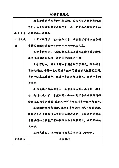 秘书处部长竞选报名表1