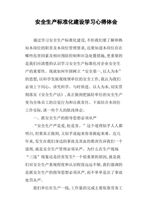安全生产标准化建设学习心得体会 2
