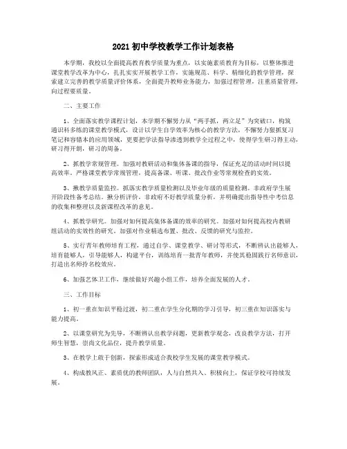 2021初中学校教学工作计划表格