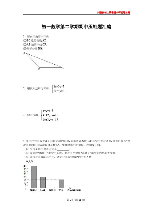初一数学第二学期期中压轴题汇编(人教版)