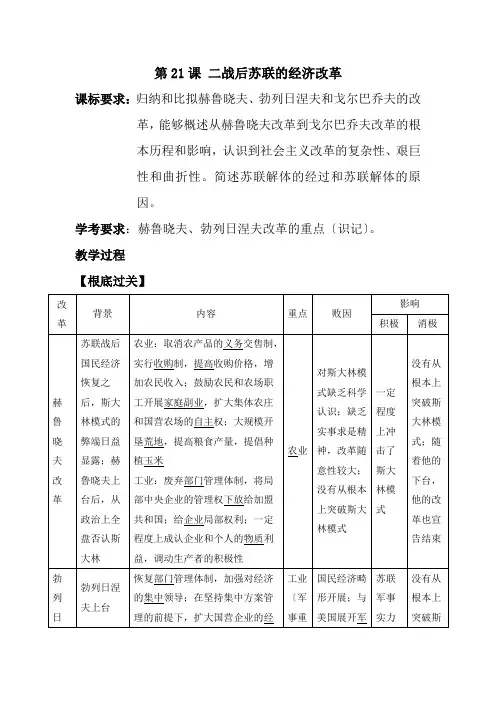 2022年高一历史人教版必修二第21课 二战后苏联的经济改革（学案）
