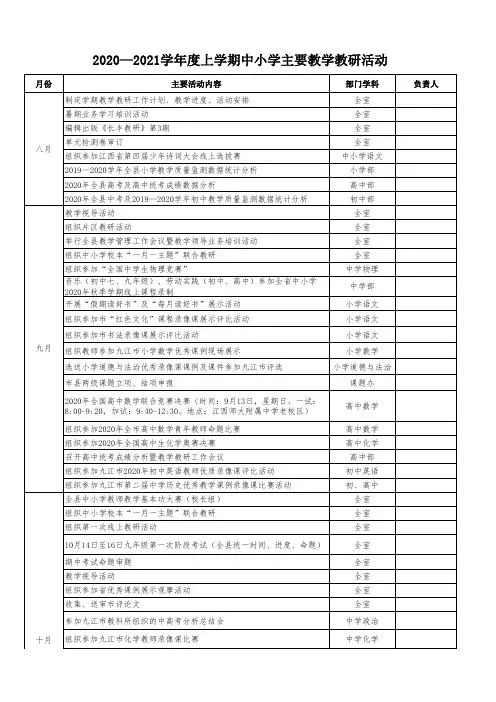 长丰县2020—2021学年度上学期中小学教学教研活动安排(定稿)