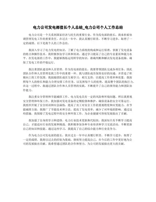 电力公司发电部值长个人总结_电力公司个人工作总结