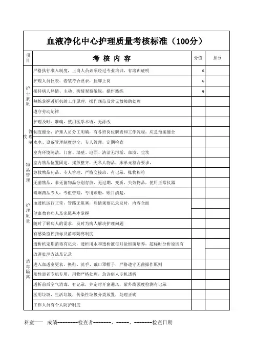 血液净化中心护理考核新建 Microsoft Excel 工作表