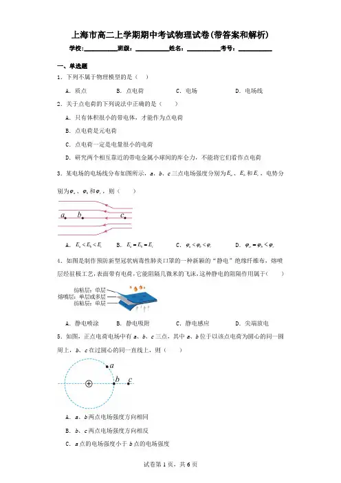 上海市高二上学期期中考试物理试卷(带答案和解析)