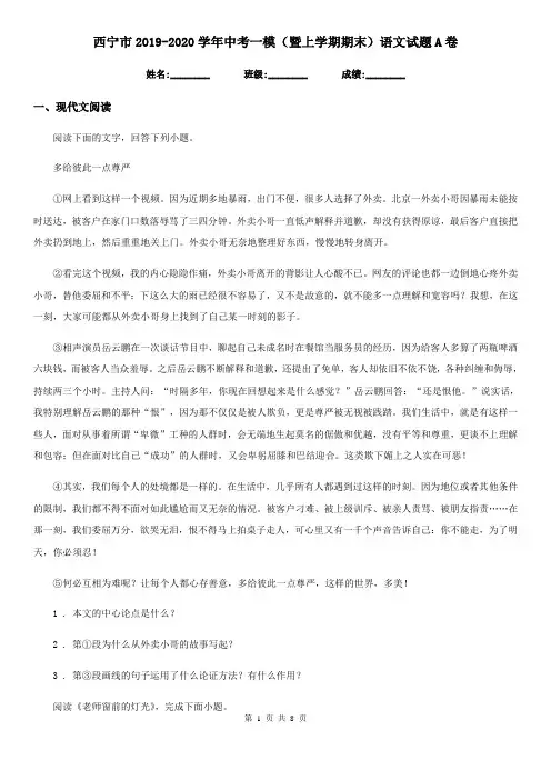 西宁市2019-2020学年中考一模(暨上学期期末)语文试题A卷
