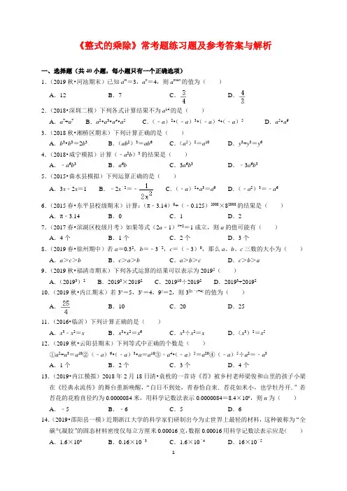 初中数学《整式的乘除》常考题练习题及参考答案与解析(word版)