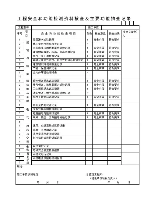工程安全和功能检测资料核查及主要功能抽查记录