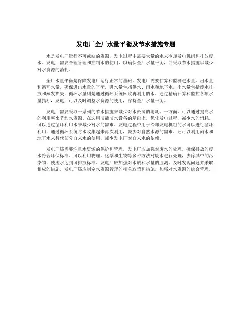 发电厂全厂水量平衡及节水措施专题