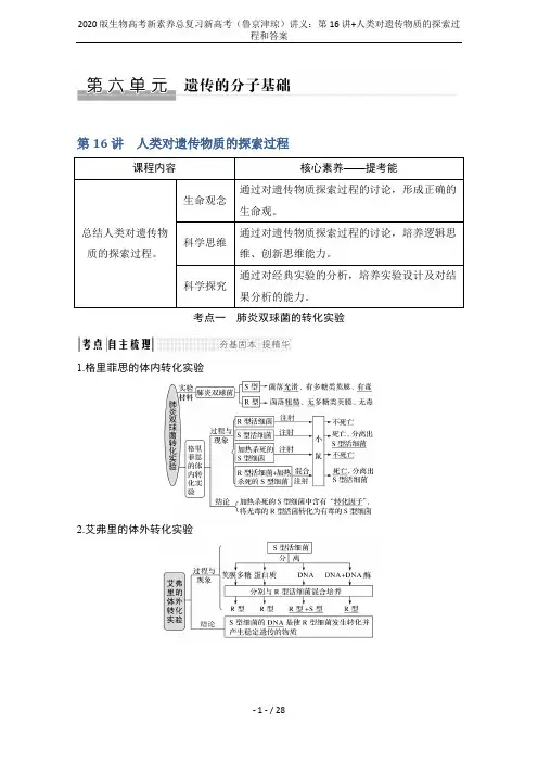 2020版生物高考新素养总复习新高考(鲁京津琼)讲义：第16讲+人类对遗传物质的探索过程和答案