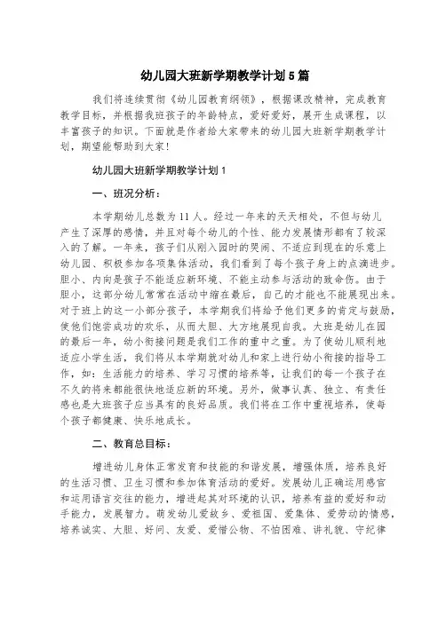 幼儿园大班新学期教学计划5篇