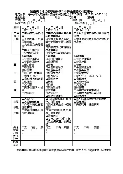项痹病(神经根型颈椎病)中医临床路径住院表单