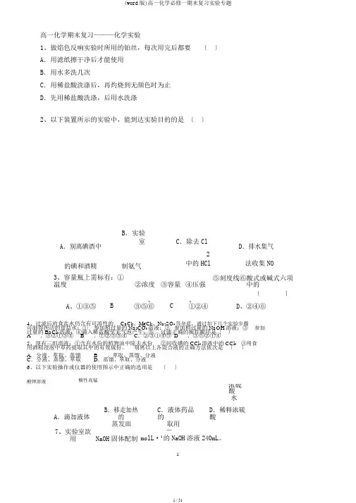 (word版)高一化学必修一期末复习实验专题