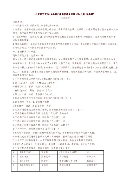 山东省济宁市2019年中考语文试卷(有答案)【中考真题】