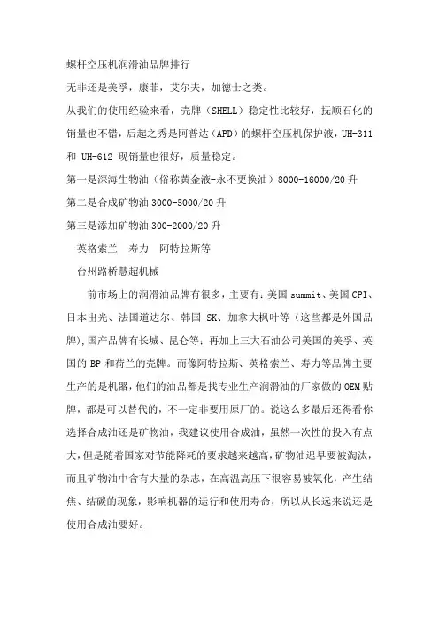 螺杆空压机润滑油品牌排行