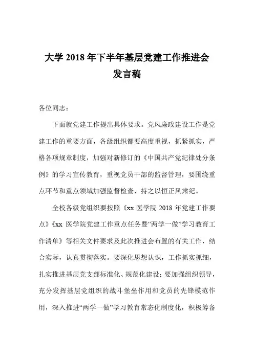 大学2018年下半年基层党建工作推进会发言稿
