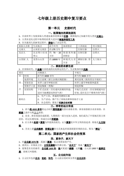 七年级上册历史期中复习要点