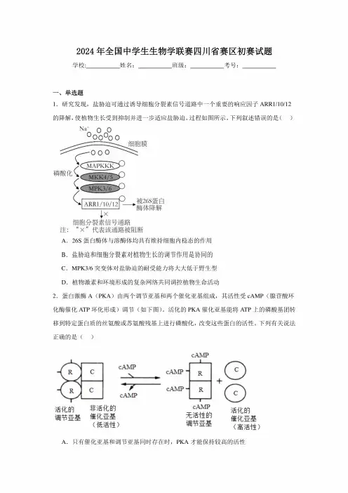 2024年全国中学生生物学联赛四川省赛区初赛试题及答案解析