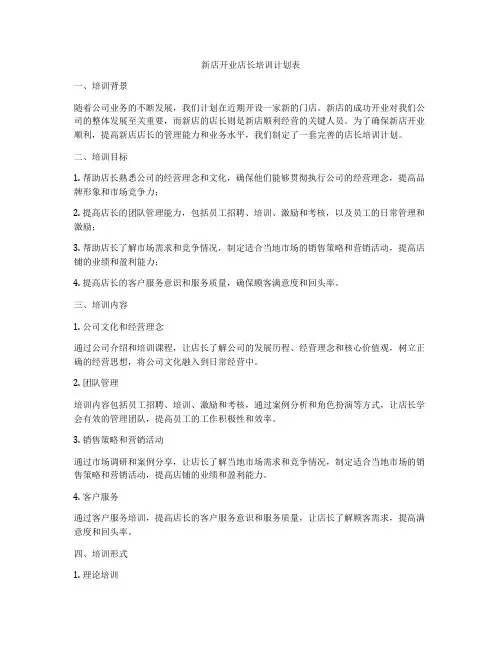 新店开业店长培训计划表