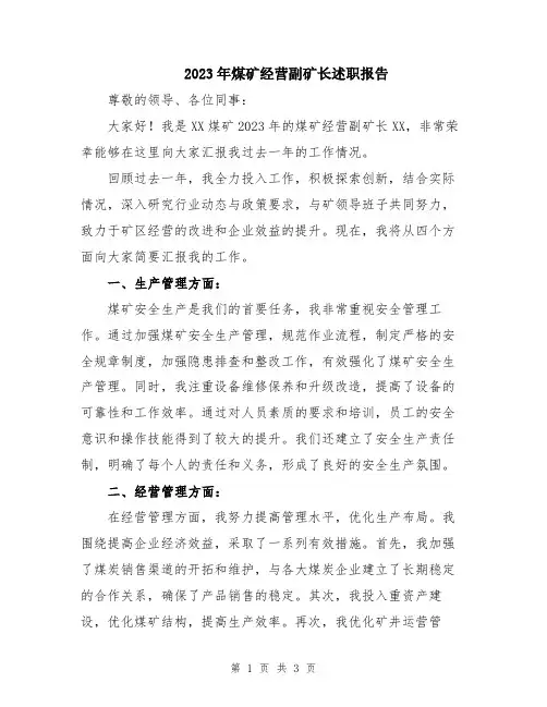 2023年煤矿经营副矿长述职报告