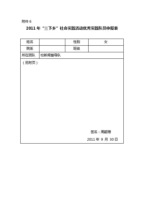 2011年“三下乡”活动优秀实践队员申报表