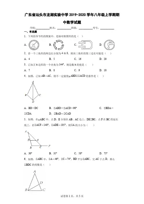 广东省汕头市龙湖实验中学2019-2020学年八年级上学期期中数学试题