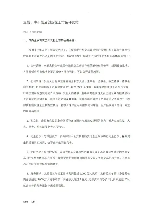 主板、中小板及创业板上市条件比较