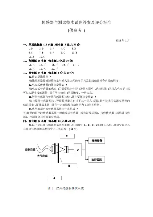 传感器与测试技术试题答案及评分标准202101