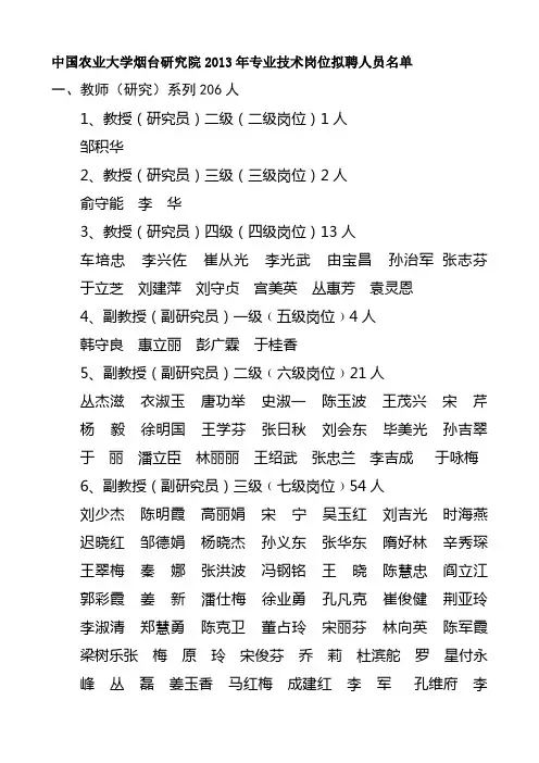 中国农业大学烟台研究院2013年专业技术岗位拟聘人员名单