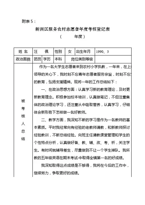 志愿者年度考核表