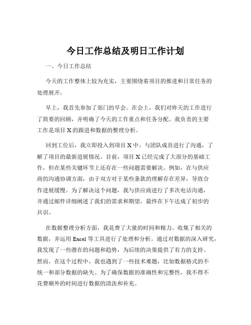 今日工作总结及明日工作计划