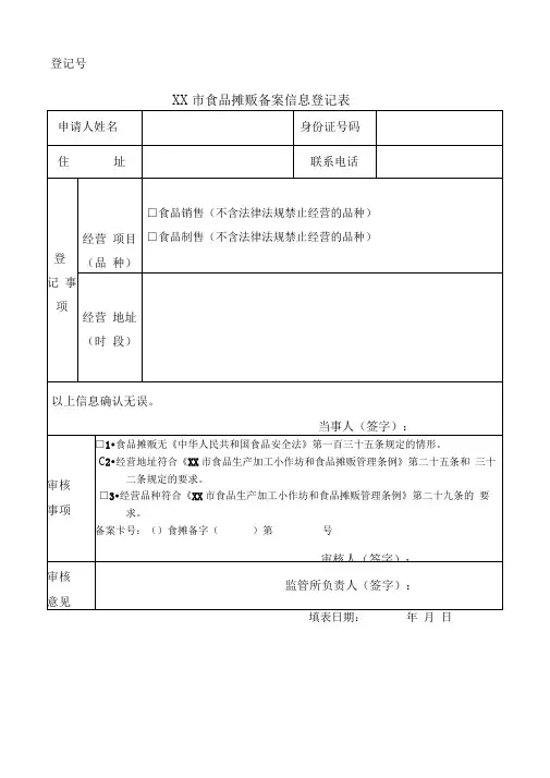 市食品摊贩备案信息登记表