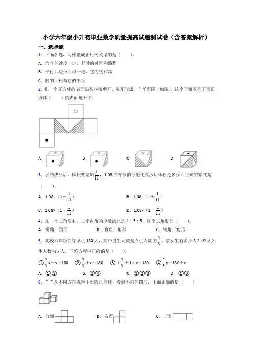 小学六年级小升初毕业数学质量提高试题测试卷(含答案解析)