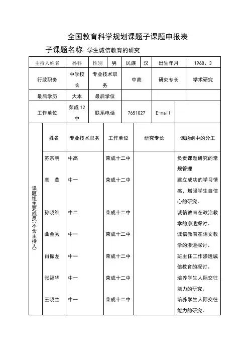 德育课题子课题申报表